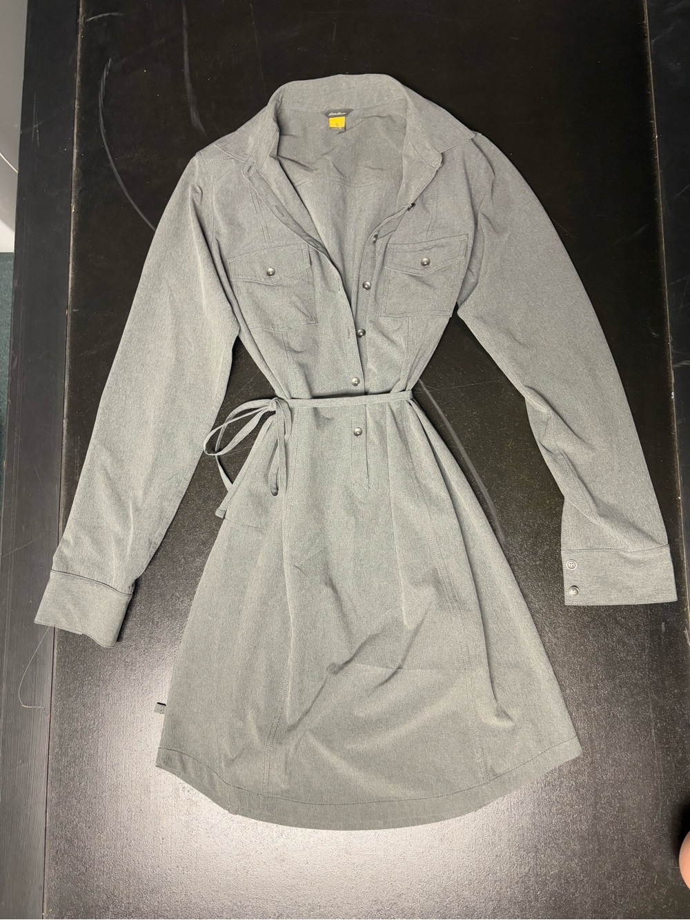 Eddie Bauer Gray Button-Front Dress with Tie Waist